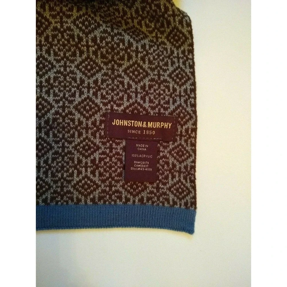 Johnston & Murphy Acrylic Soft Patterned Weave Brown Scarf Blue Trim NEW